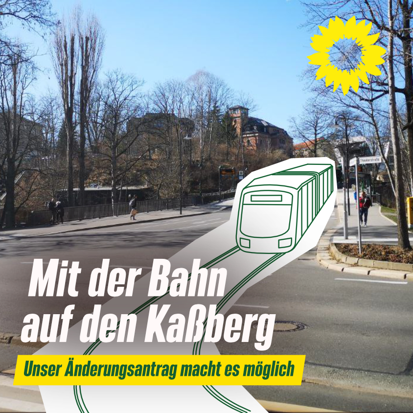 Ein Foto der Kaßbergauffahrt in Chemnitz mit einer eingezeichneten Straßenbahn. Darauf steht: "Mit der Bahn auf ded Kaßberg Unser Änderungsantrag macht es möglich"