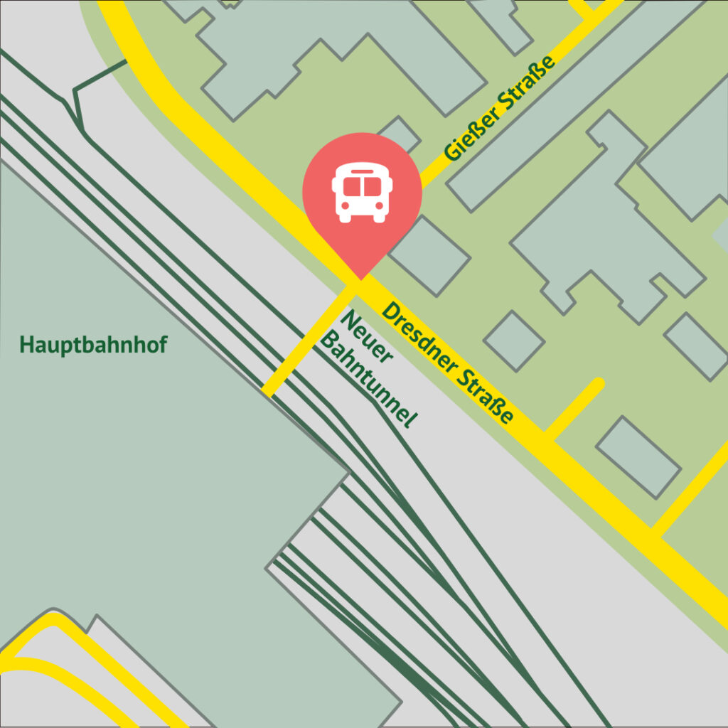 Eine Karte von Chemnitz, neben dem Hauptbahnhof ist der Standort des neuen Fernbusterminals eingetragen.