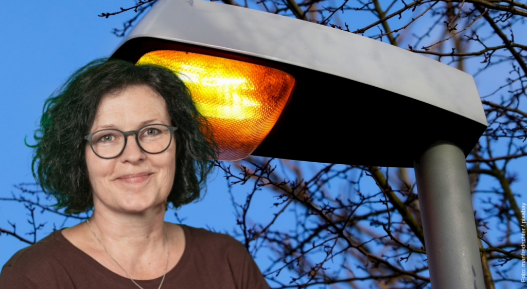 Manuela Tschök-Engelhardt vor einer Straßenlaterne mit Natriumdampflampe